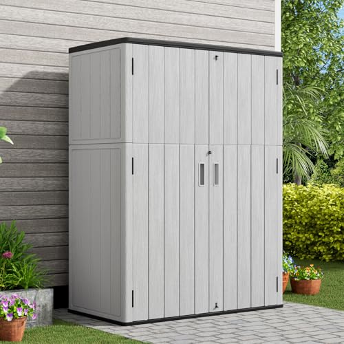 Image of KINYING Outdoor Vertical Storage Shed,57 Cu.ft Outdoor Storage Cabinet Waterproof,Resin Sheds & Outdoor Storage Clearance for Garden,Patio,Backyard,Lockable (Grey)