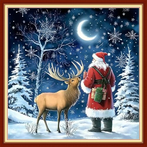 Image of Funxvoot Stamped Cross Stitch Kits for Beginners or Adults Embroidery Starter Patterns | DIY Printed Cross Stitch Kits Needlepoint for Adults or Kids 11CT-Santa Claus Deer Snow Scene 18x18 inch