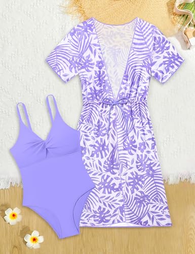 Image of Girls Swimsuits Size 10-12 Purple Girls One Piece Swimsuits Palm Print Quick Dry Cover Up 2Pcs Swimsuits for Teen Girls Bathing Suits Size 11-12