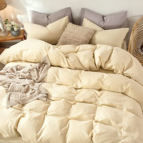 Image of MooMee Duvet Cover Set 100% Washed Cotton Linen Like Queen | Relaxed Linen-like Texture. Soft, Breathable & Long-lasting Comfort. Lightweight. Hidden Zipper with 8 Interior Corner Ties