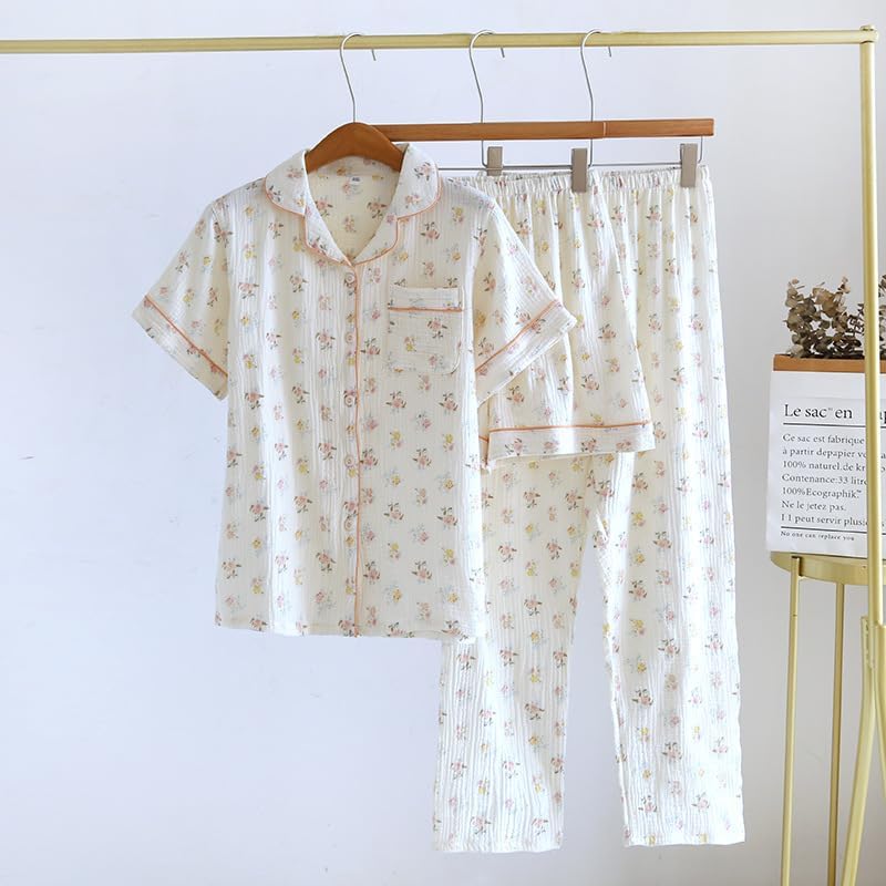 Image of codcm Womens 3pcs Cotton Pajamas Set Short Sleeve Sleepwear Fruit Print Cute Pj Set with Long Pants