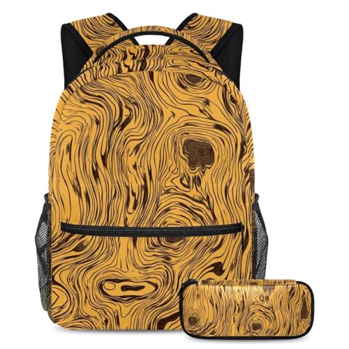 Cartables de grande capacité ergonomiques à motif grain de bois rétro avec trousse scolaire