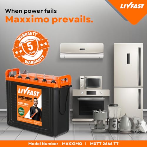 Image of Livfast Maxximo Tall Tubular High-Performance Battery MXTT 1860N | 150 Ah | 60 Months Warranty | Durable Backup Power for Home and Office, Long-Lasting Backup