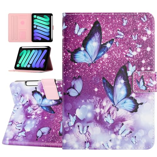 YUNHOTIC Case for iPad Mini 6 (2021,8.3-inch), Built-in Pencil Holder, Premium PU Leather Folio Stand Smart Protective Cover, Multi-Viewing Angles and Auto Wake/Sleep for iPad Mini 6th - Butterfly