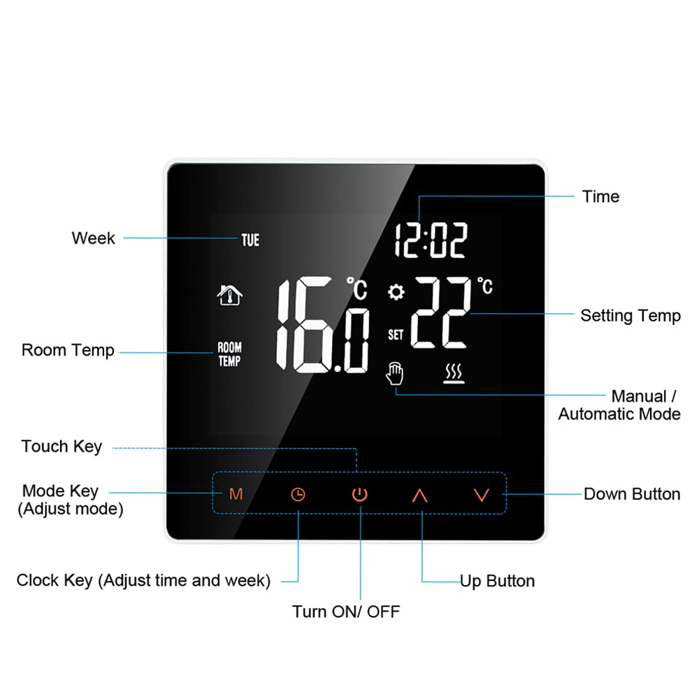 Kavolet Inteligentny termostat Wi-Fi, cyfrowy regulator temperatury, sterowanie aplikacją, ekran dotykowy LCD, programowalne elektryczne ogrzewanie podłogowe, termostat do domu, szkoły, biura, hotelu 16 A