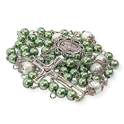 Nazareth Store Pearl Beads Rosary White Our Father Beaded Necklace Lourdes Medal & Cross Crucifix Spiritual Devotion