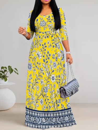 Image of PinkPatty Women's Plus Size Maxi Dresses Casual Flowy 3 /4 Sleeves Dress Printed Vacation Dress for Daily Wear with Belt