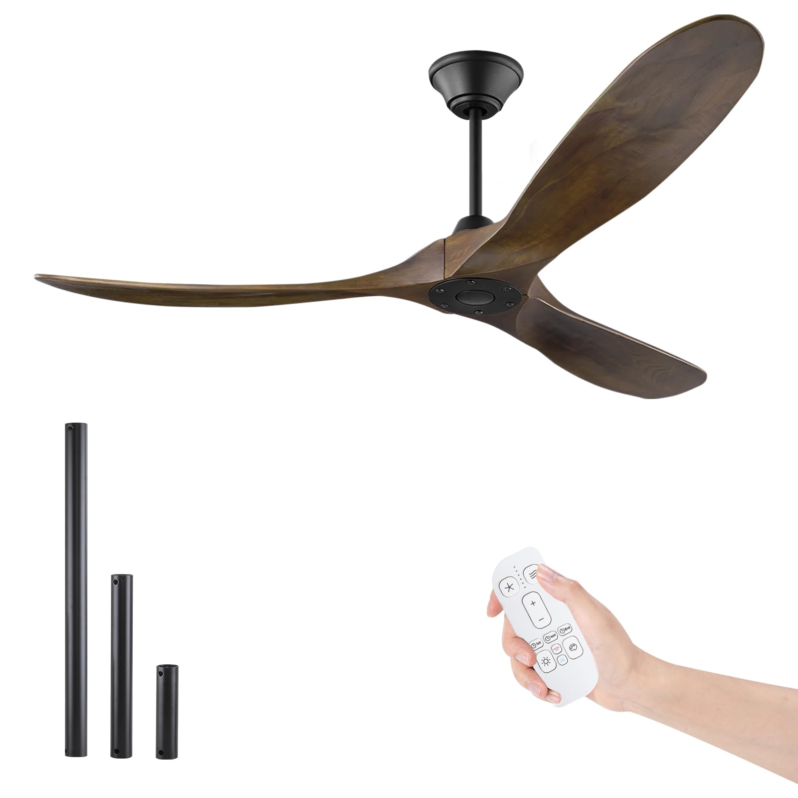 ShreeFindee 70'' Large Wood Ceiling Fan without Light, Farmhouse Outdoor Ceiling Fans for Patio with Remote Reversible DC Motor, 3 Blade Solid Wood