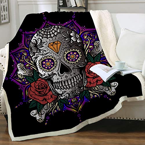 Sleepwish Rose Skull Throw Blanket, Sugar Skull Blanket Purple, Fluffy Blanket for Adults Men Women, Mandala Crystal Blanket, Candy Skull Sherpa Fleece Blanket, Skull Lovers (50"x60")