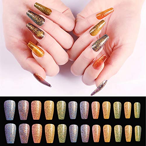 Umillars 24pcs French Gradient Glitter Coffin Nails Fake Gel Nails Art Tips Full Cover Long False Nails for Ballerina Cosplay Office Lady(UV+Glitter)