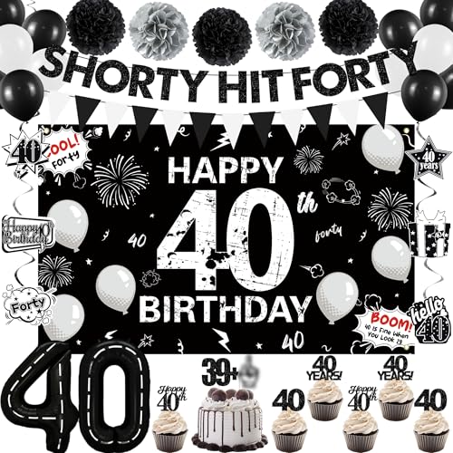 Image of Holkcog Black 40th Birthday Party Decoration for Women, Black Forty Birthday Cupcake Toppers, Banner, Number 40 Ballons, 40th Party Gifts, Glitter Cheers to 40 Years Old Happy Party Supply