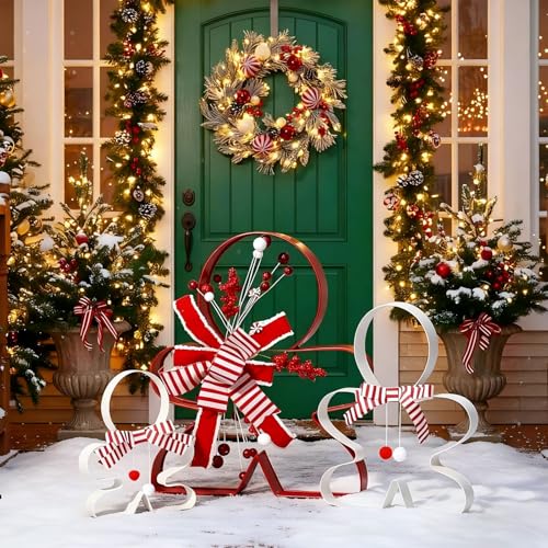 Vercraft 3 Pcs Oversized Large Gingerbread Man Christmas Outdoor Decoration Giant Christmas Cookie Cutter with Red Stripes Bow Red Berries Pom Pom Decor for Xmas Front Door Indoor Outdoor