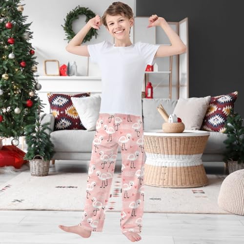 Boy's Pj Pants Pink Heart White Flamingo Lounge Bottoms Elastic Waist Kids Joggers with Pockets Size 6-142