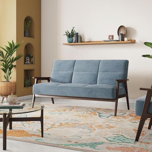 Image of Urban Ladder Logan 3 Seater Wooden Sofa in Blue Colour