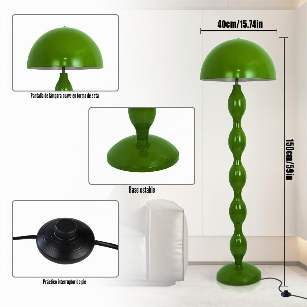 Lampara de Pie Salon,Lámpara de Pie LED Verde en Forma de Seta,Lampara de Pie Lectura Moderna para Dormitorio con Interruptor de Pedal,Lámpara de Esquina de 150 cm para Decoración del Hogar