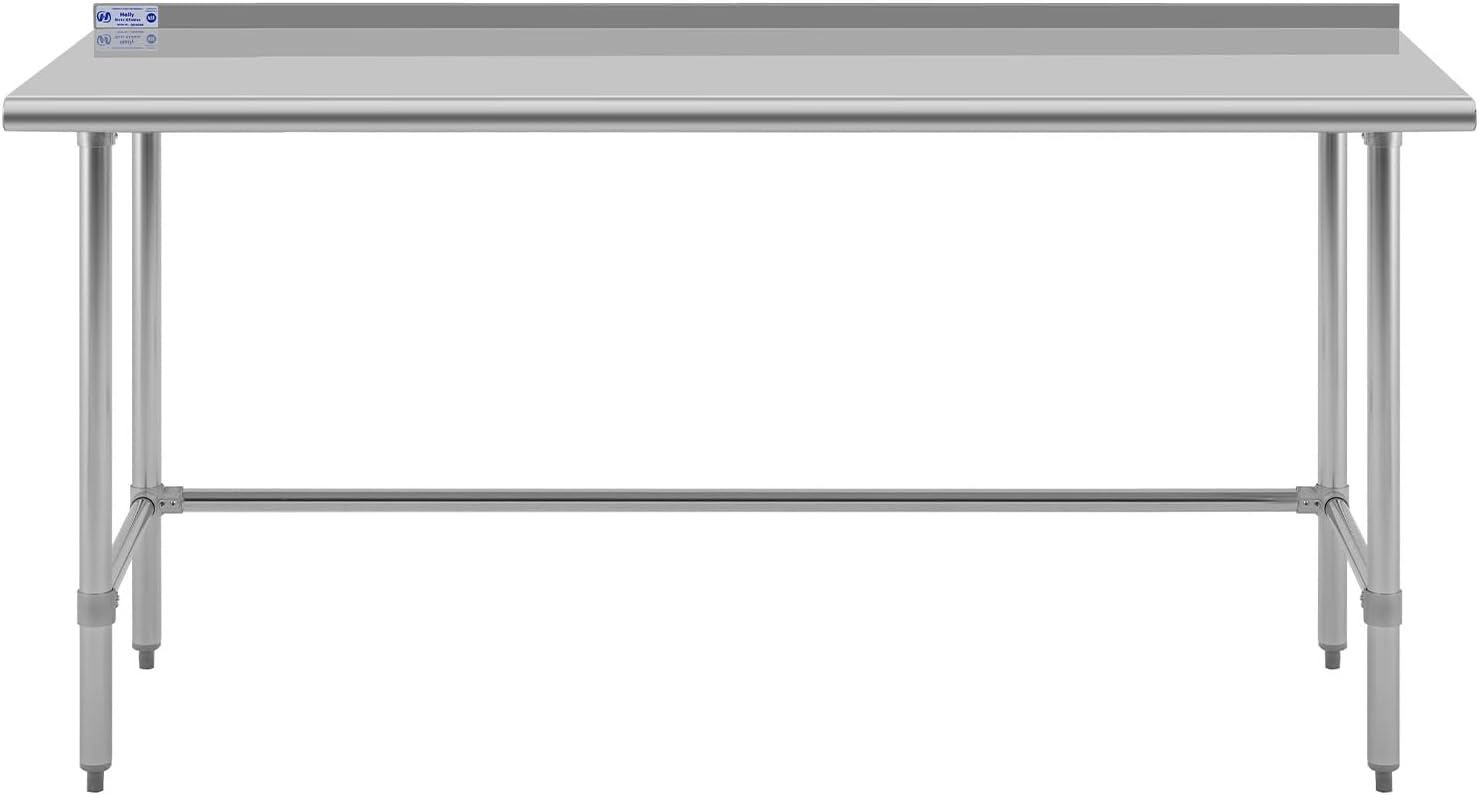 Hally Open Base Stainless Steel Table 24 x 72 Inches, NSF Commercial Heavy Duty Prep & Work Table with Backplash and Galvanized Legs for Restaurant, Home and Hotel With Backplash 24'' x 72''