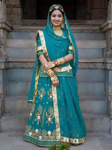 Image of Fancy Heavy Embroidery Work Shimmer Silk Semi-stitched Rajasthani Poshak Rajputi Lehenga Choli For Women