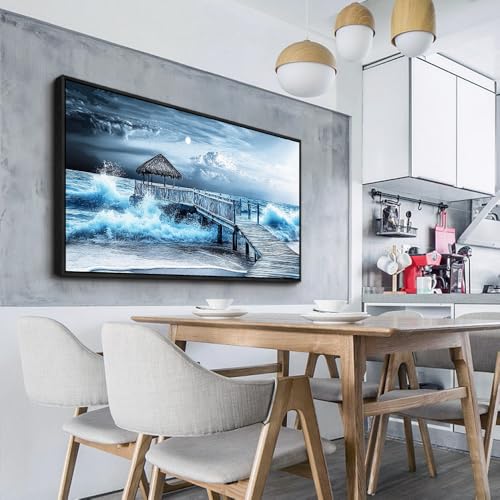 ERQINHUA Large Canvas Wall Art For Living Room Wall Decor For Bedroom Office DecorBlue Wave Landscape Painting Black Frame Artwork For Modern Stretched and Framed Beach Posters Home Decor 30"X60"