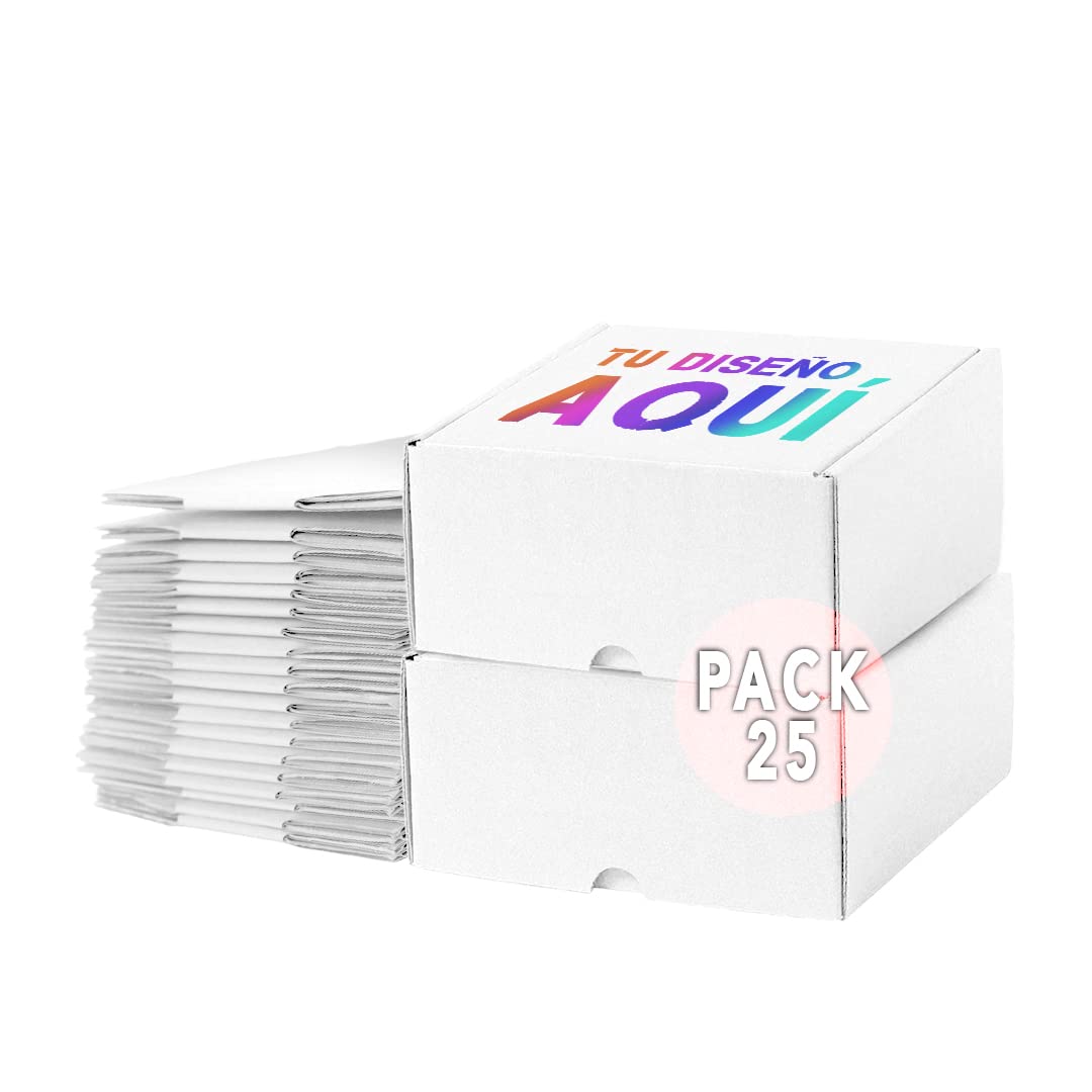 Pack 25 Cajas de Cartón Blanco Personalizadas – Logo o Frase en la Tapa - Fácil de Montar – La Mejor Forma de Enviar Productos o Presentar Regalos de Empresa, Navidad, Eventos, 16x15x8,5cm