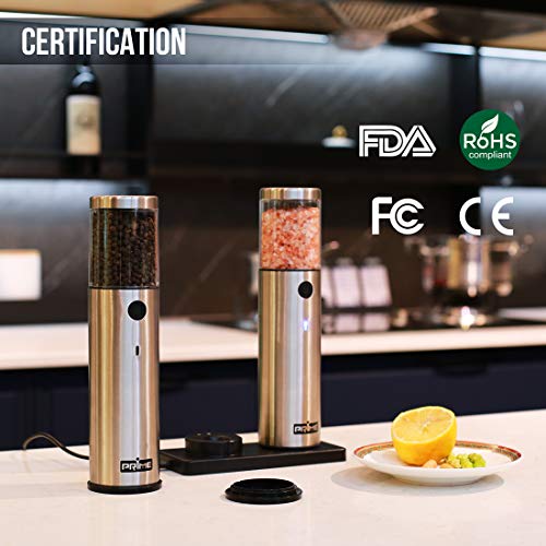Prime Rechargeable Electric Salt and Pepper Grinder Set (Pack of 2 Mills), with Charging Base, USB Cable, Power Adapter| One-Touch Operation | Adjustable Coarseness | Blue LED Light | Stainless Steel