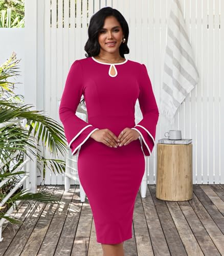 Image of ZonJie Church Dresses for Women Bell Sleeves Business Wear to Work Cocktail Party Pencil Casual Dress