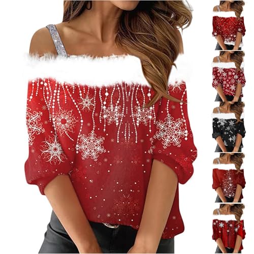 HUIFUAO - Camisetas de Navidad para mujer, camisetas de Navidad con diseño de copo de nieve, manga larga, hombros descubiertos, cuello para el pelo, camisas de Navidad para mujer, Z01 Rojo #1, 3XL