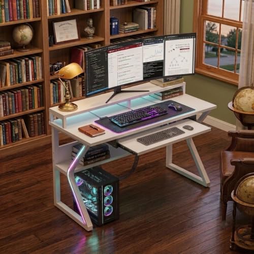 Image of TEKAVO Plik Computer Table for Home Pc | Office Table for Home | Shelf, Moniter Riser & Keyboard Tray, Laptop Table, Worktable, Study Table, Workstation | Whitewood, Metal, (150 Cm x 60 Cm) DIY