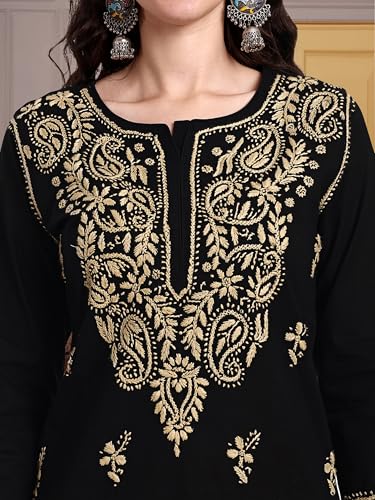 Image of Seva Chikan Hand Embroidered Lucknowi Chikankari Regular Straight Cotton Kurta Kurti for Women SCL4243