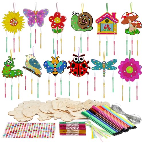 SRIZIAN 12 Stück Frühling Windspiel Bastelset Kinder mit 12 Stk Stift, Insekt Tier Blume Holz Basteln Windspiele für Kinder Mädchen Junge Geburtstagsfeier Dekoration DIY Kinderspielzeug