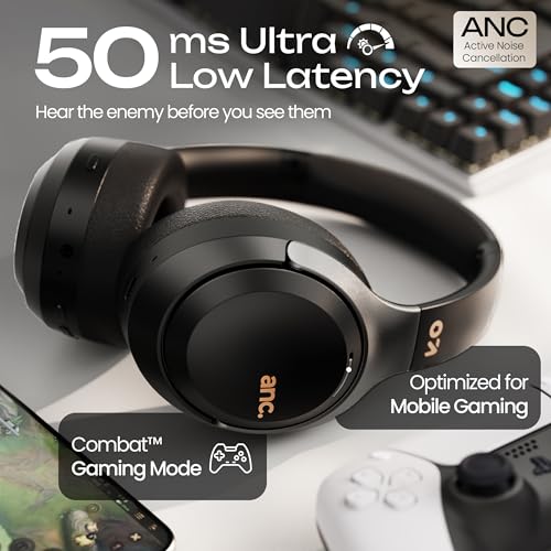 Image of GOBOULT Anchor Bluetooth Wireless Over Ear Headphones with Mic, Active Noise Cancellation, 72H Playtime, AUX, Type-C Fast Charging, 40mm Bass Drivers, ANC Headphones