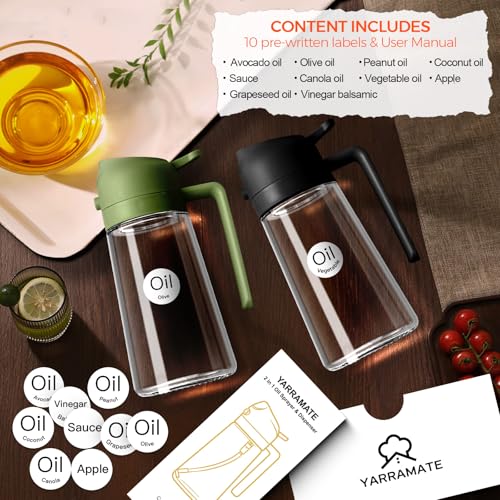 Image of YARRAMATE 16oz /470ml 2 in 1 Oil Sprayer for Cooking with Stickers, Food-grade Glass Oil Dispenser for Kitchen, Salad, Frying, BBQ, Grill (OliveGreen)
