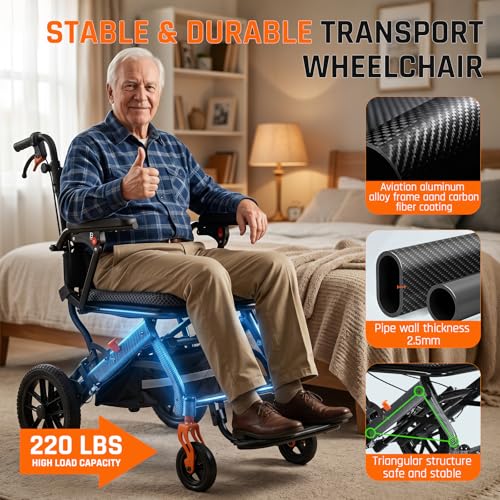 Image of SOFTFISH Transport Wheelchair for Adults with Pull Rod & Multi Shock-Absorbing, Portable Transport Wheelchairs with Foldable Footrest and Armrests, 10 inch PU Tires Wheelchair for Travel & Daily Use