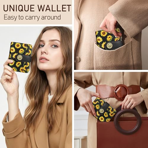 Image of Kelvoris Sunflower Small Rfid Women Wallet Bifold Zipper Coin Pocket | PU Leather Compact Cash Credit Card Holder, Travel Purse for Female Ladies Teen Girls, 1 ID Window 10 Card Slots