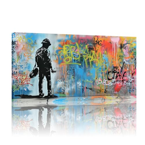 Street art Banksy sur toile avec cadre bois intérieur décoration murale graffiti