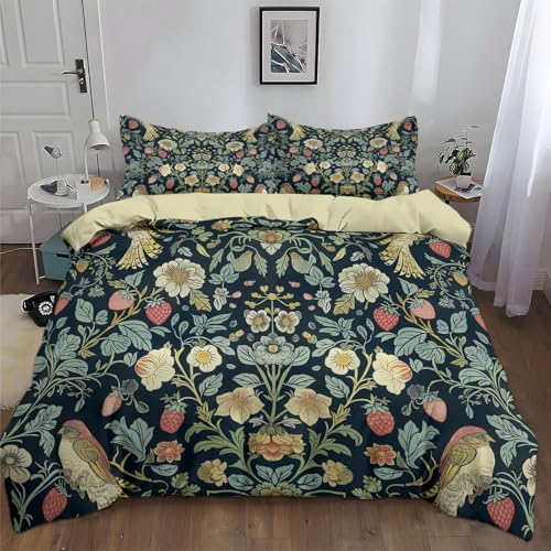 Housse de Couette 200 x 200 cm Beige clair Parure de Lit Adulte Réversible avec Fermeture Éclair, Housse de Couette 2 Personnes Imprimée Thème floral...