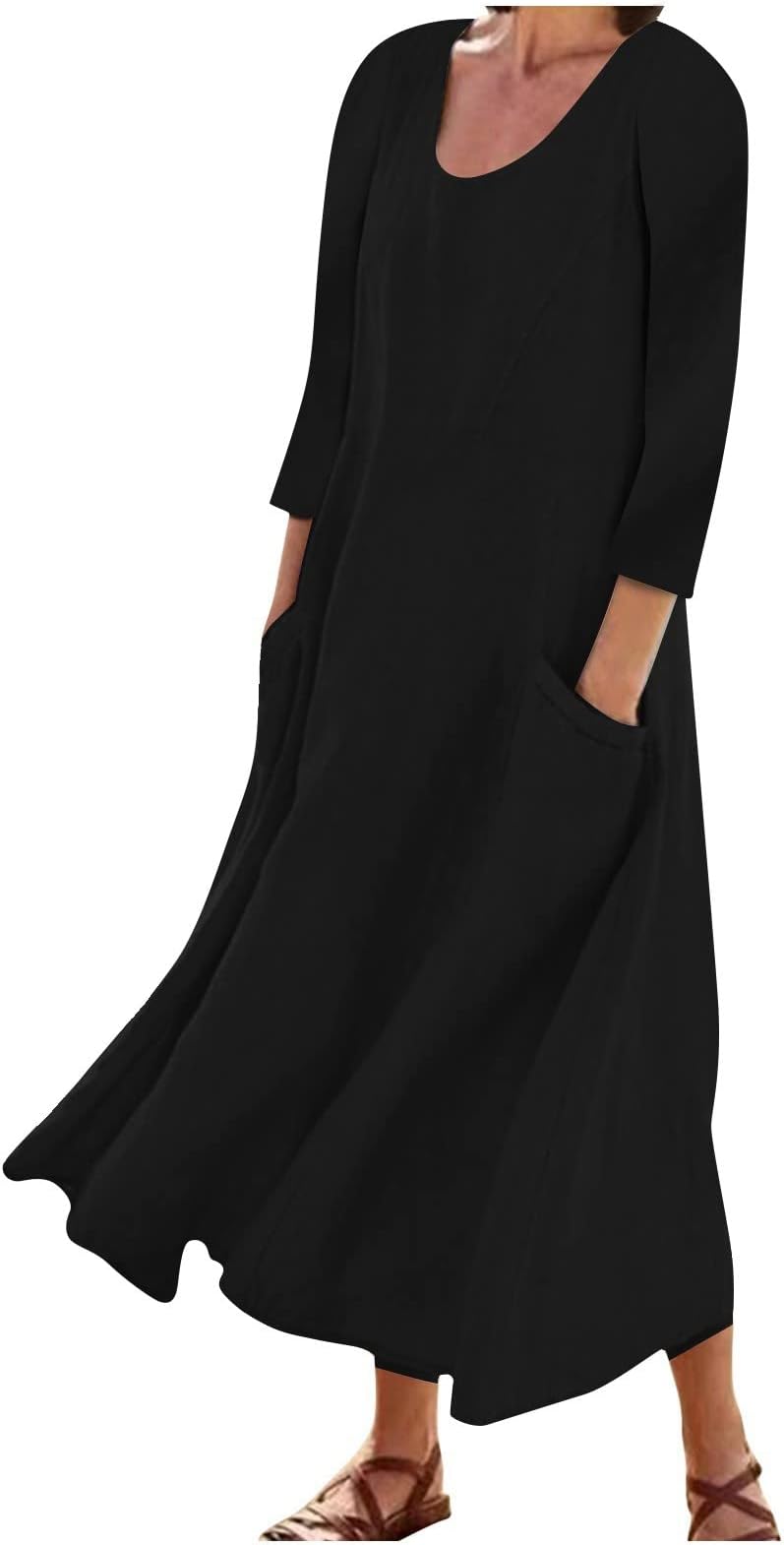 Casual Summer Dresses Women 3/4 Sleeve Cotton Linen Dresses Plus Size Maxi Long Dresses Flowy Sun Dresses with Pockets