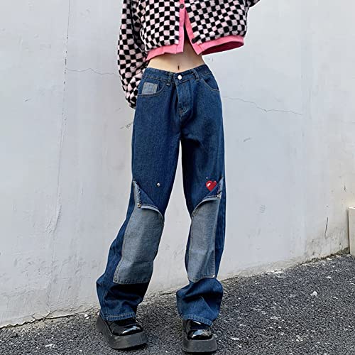 Women Teen Girl High Waist Heart Print Straight Wide Leg Y2K Loose Baggy Cargo Jeans4