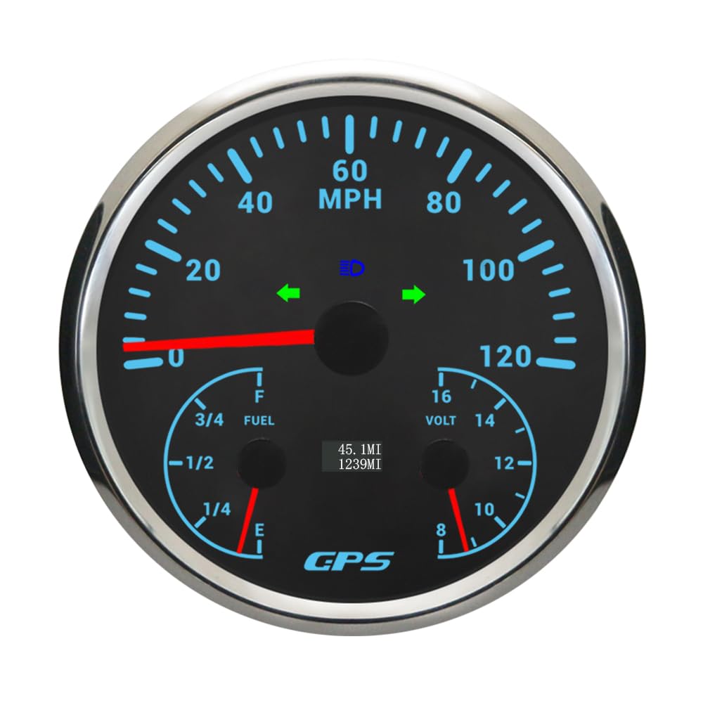 110mm Auto Gauge 3 in 1 GPS Speedometer 120MPH Odometer Fuel Level Voltmeter 12V with 7 Adjustable Backlights for Universal Boat Car Truck Motorcycles (Black&Silver)