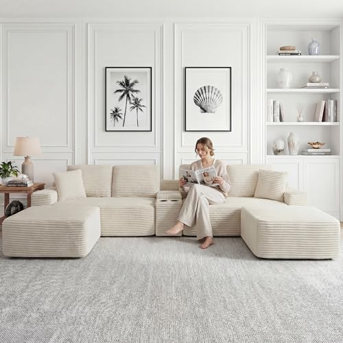 Image of 125 Inch Modular Sectional Sofa, Modern Oversized Corduroy Cloud Couch with 2 Ottomans, Cup Holders and USB Ports, U Shape Couch Boneless Couches for Living Room, No Assembly Required, Beige