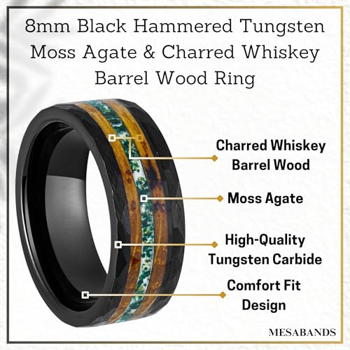 Men's Wedding Ring 8mm Black Hammered Tungsten Green Moss Agate & Charred Whiskey Barrel Wood Inlay – Comfort Fit Mens Wedding Band with Antique Wooden Ring Box4
