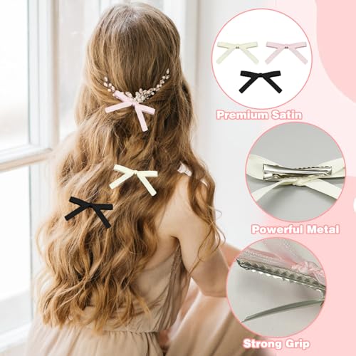 6Pcs Hair Bows for Women Ribbon Clips, Satin Bow Metal Alligator Clips - Image 2