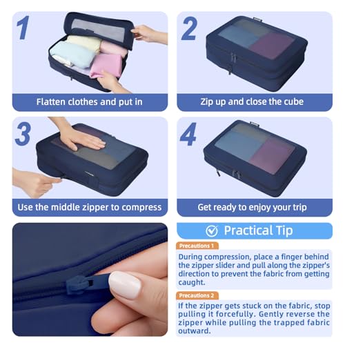 Image of BAGAIL 4 Set /6 Set /8 Set Compression Packing Cubes Travel Accessories Expandable Packing Organizers (Square Mesh, 06-Navy)
