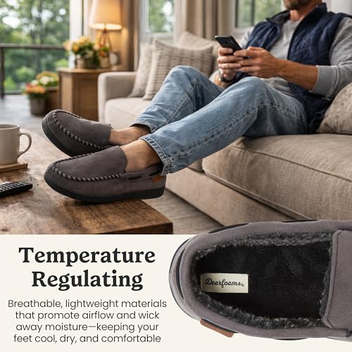 Image of Dearfoams Men's Keaton Moccasin House Shoes With Memory Foam, Indoor Slippers With Wide Widths