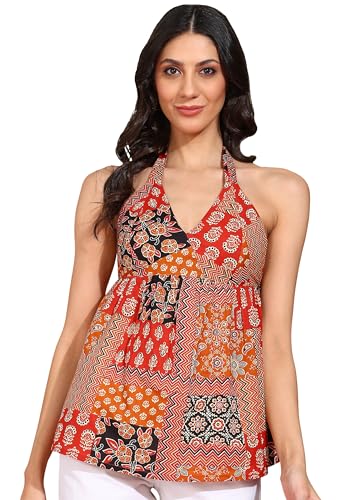 Image of Yash Gallery Women's Multi Cambric Cotton Printed Halter Neck Sleeveless Top