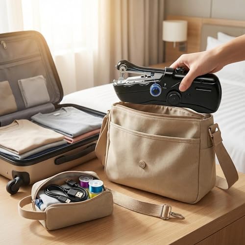 Image of Mini Cordless Handheld Sewing Machine for Clothing DIY Mending | Portable handheld sewing machine for starters, with accessories for fabric repair and travel clothes mending