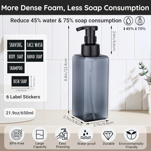 Image of Segbeauty Empty Foam Bottle for Kitchen 22oz, 2pcs Plastic Foaming Soap Dispenser Bathroom, 650ml Gray Square Foam Pump Bottle with Label Stickers, Refillable Foaming Hand Soap Dispenser Large