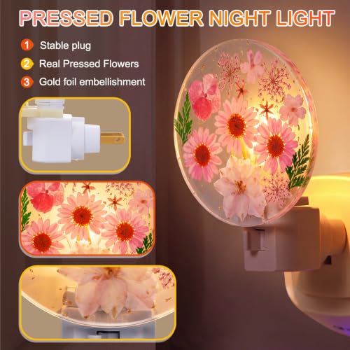 Image of Glooglitter Pressed Flower Night Light Plug in-Handmade Dried Floral Wall Night Light, Glow Decorative Nightlight for Hallway Bedroom Nursery Bathroom, Vintage Botanical(Pink, Flower)