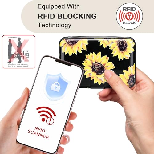 Image of ELFISH Mini RFID Aluminum Wallet Credit Cards Holder Business Card Case Metal ID Case for Men Women (Yellow sunflower)