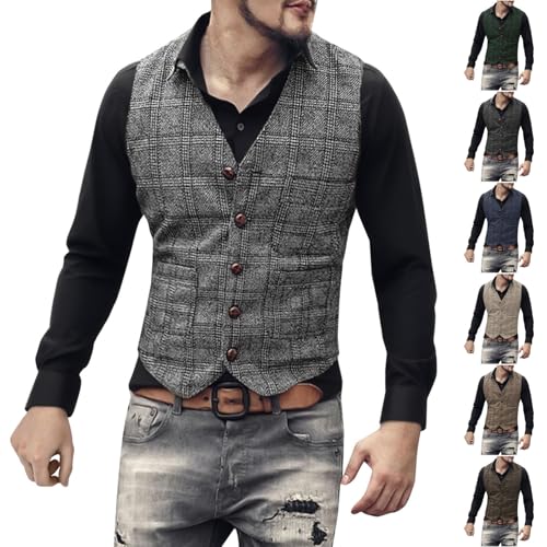 Mens Vintage Suit Vest Plaid Tweed Regular Fit Waistcoat Single Breasted Casual Business Vests for Wedding Groomsmen