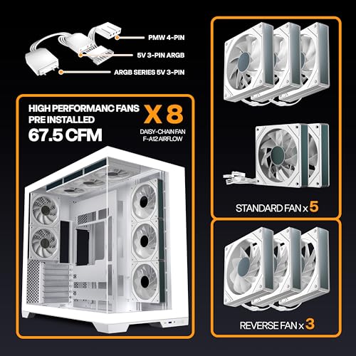 Image of KEDIERS Gaming PC Case - Dual Chamber ATX Desktop Chassis - 8 PWM ARGB Fans Included - Panoramic Glass Panels - Cable Management - 420MM RAD Support - Snow White